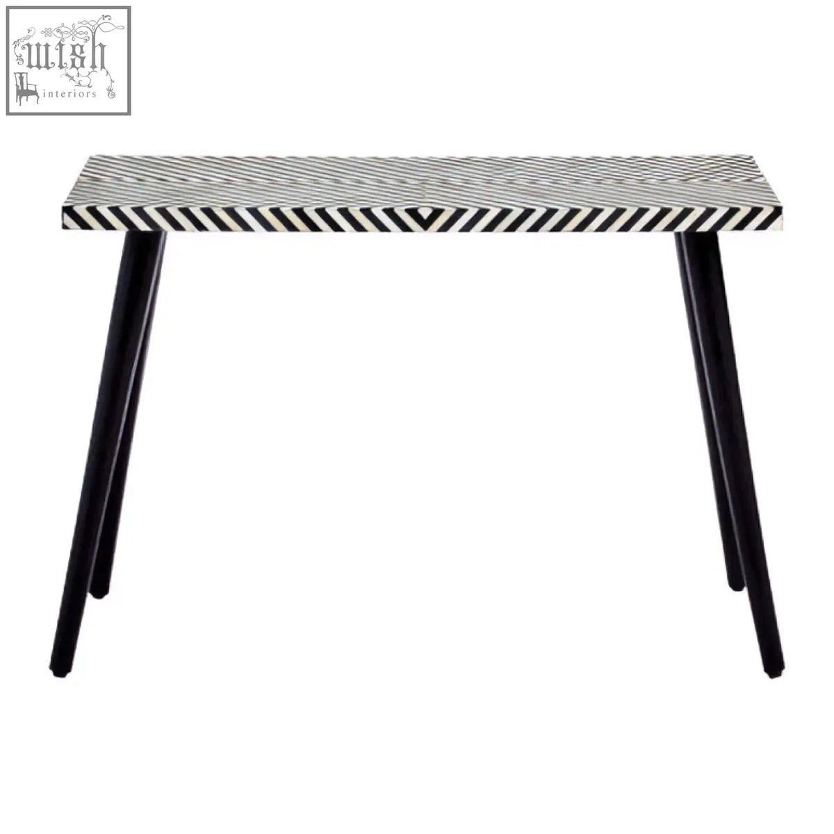 Boho black and white bone inlay console table with chevron pattern and sleek tapered metal legs