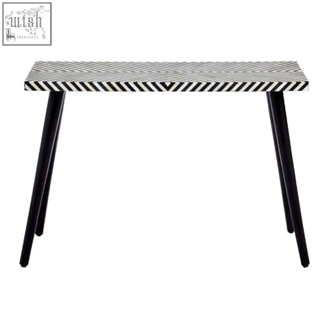 Boho black and white bone inlay console table with chevron pattern and sleek tapered metal legs