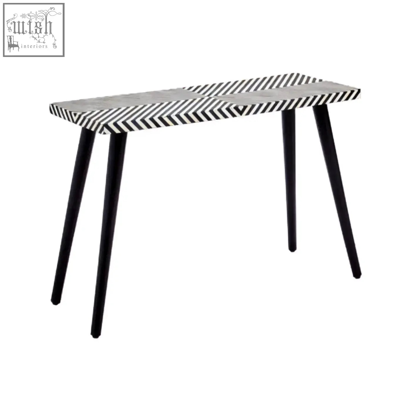 Boho black and white bone inlay console table with chevron pattern and sleek tapered metal legs