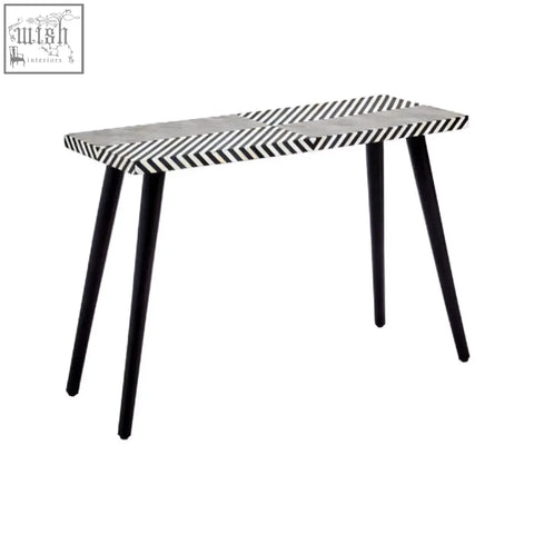 Boho black and white bone inlay console table with chevron pattern and sleek tapered metal legs