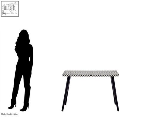 Boho black and white bone inlay console table with chevron tabletop and sleek black tapered metal legs