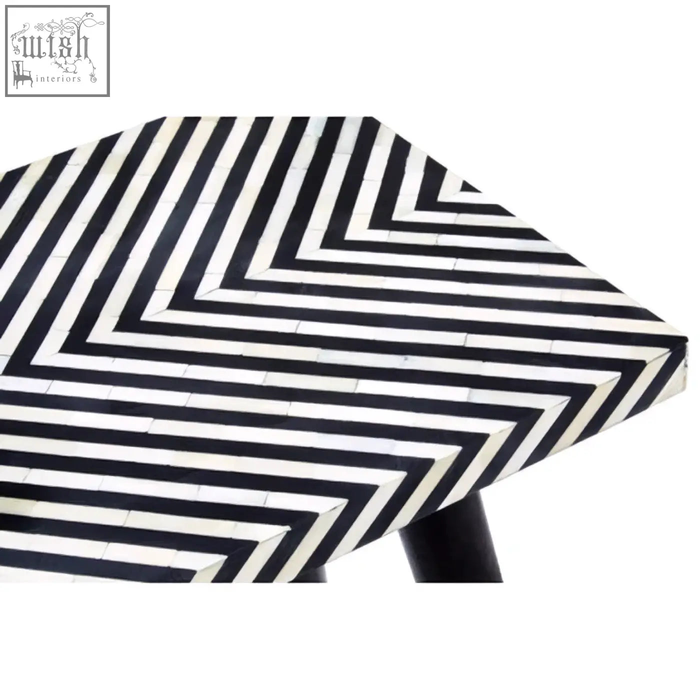 Boho black and white bone inlay console table with metal legs and a glossy chevron patterned tabletop