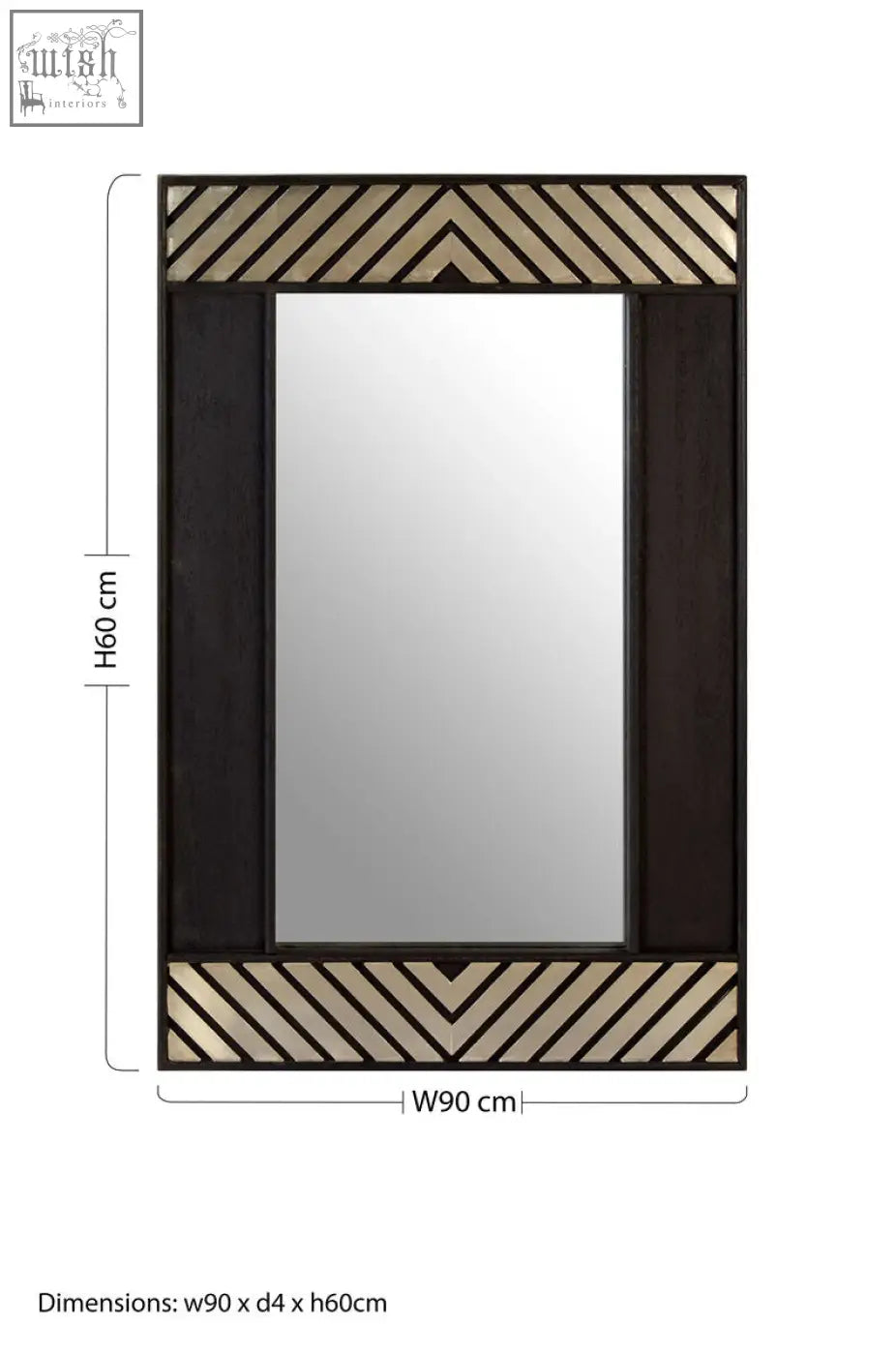 Boho black wall mirror with dark brown frame and gold chevron metal accents perfect for black wall decor