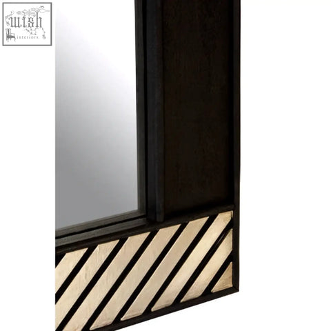 Boho black wall mirror with black frame and cream black diagonal striped pattern along lower edge for black wall decor