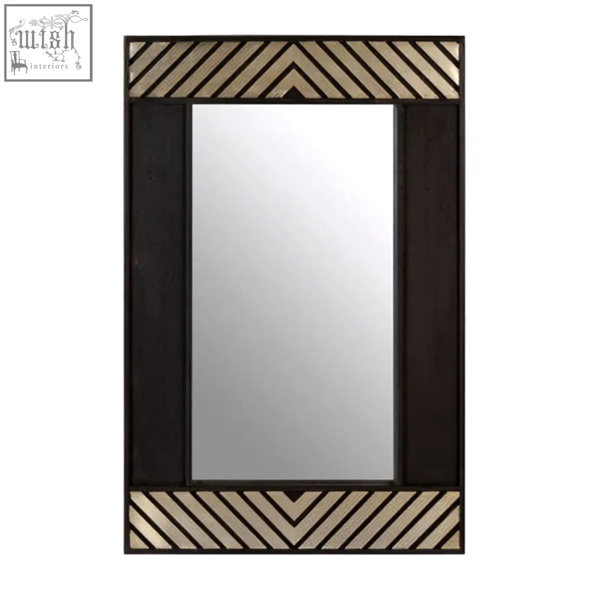 Boho black wall mirror with dark wood frame and decorative mirrored chevron accents perfect black wall mirror decor