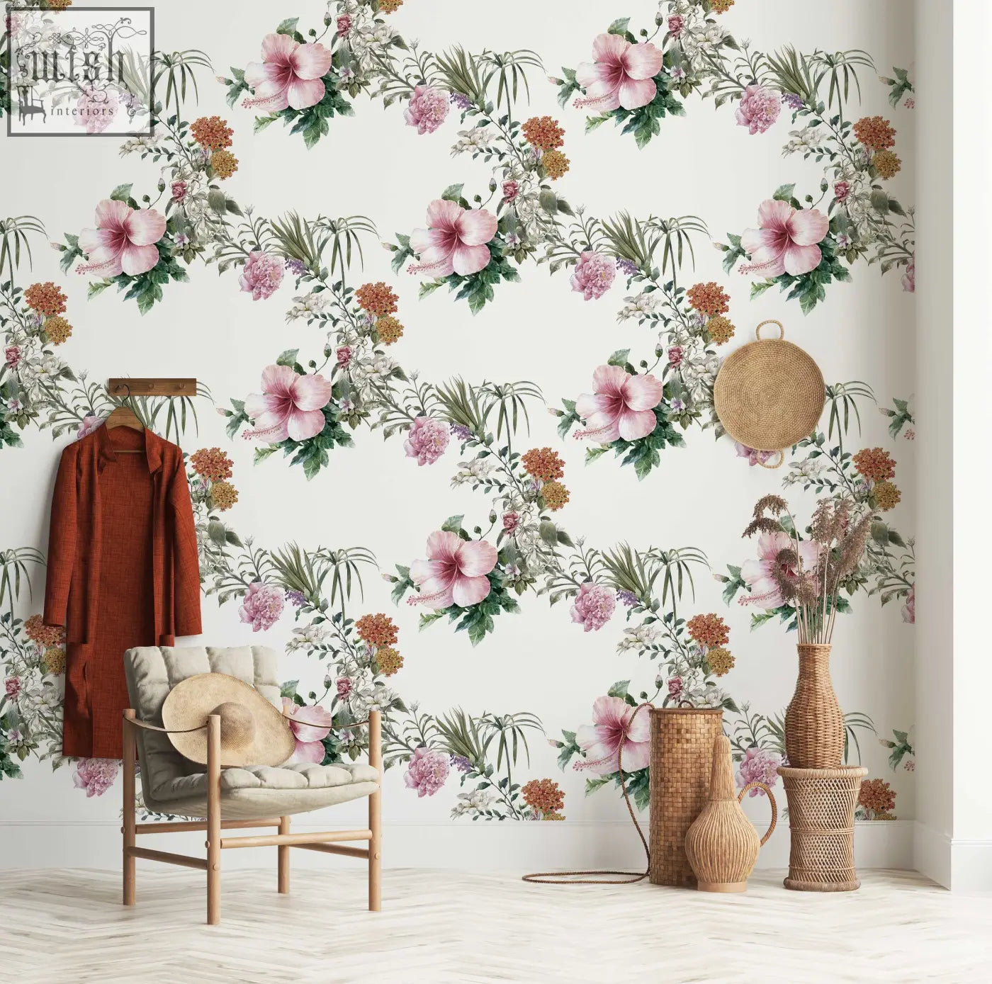 Boho floral peel and stick wallpaper with pink hibiscus and green foliage perfect for refreshing your living space