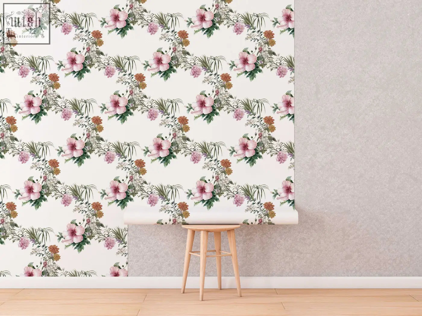 A roll of boho floral wallpaper with pink hibiscus flowers green leaves and orange accents on cream for living space