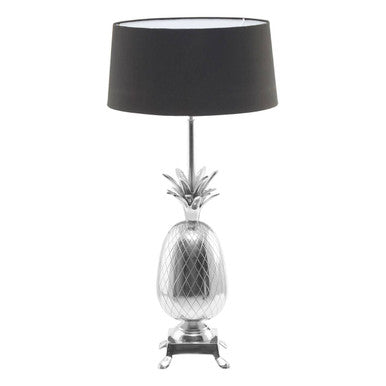 Silver pineapple table lamp with black drum shade in boho nickel finish for stylish decor accents