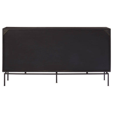 Black rectangular console table with sleek minimalist design and thin metal legs for boho patterned door sideboard