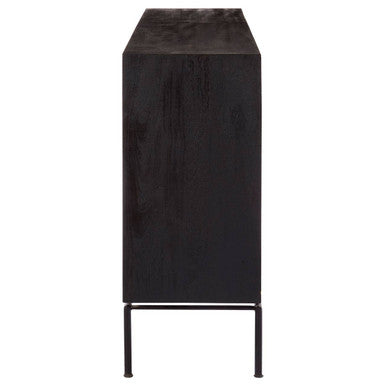 Black matte mango wood door sideboard with boho patterned design and minimalist metal legs for stylish storage