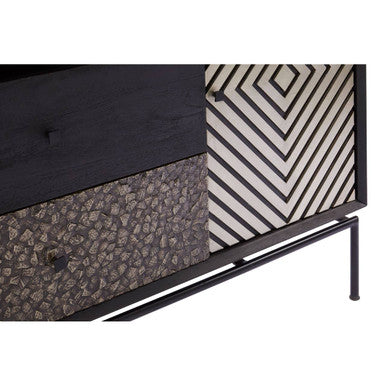 Boho patterned black and white door sideboard with textured panels made of mango wood for stylish storage