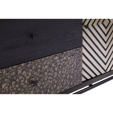 Boho patterned door sideboard with dark matte mango wood, textured metallic panels, and black white chevron accents