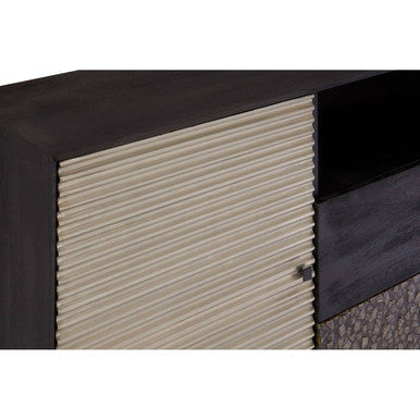 Dark wood boho patterned mango wood door sideboard with light beige ribbed panel and black accents