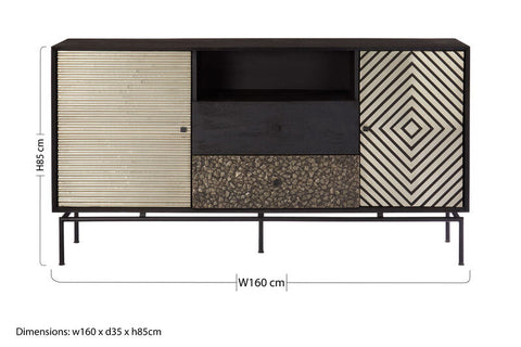 Boho patterned door sideboard with black metal frame mango wood panels and geometric cream charcoal doors