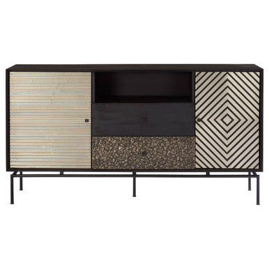 Modern boho patterned door sideboard with black metal frame mango wood doors and textured stone-like central panel