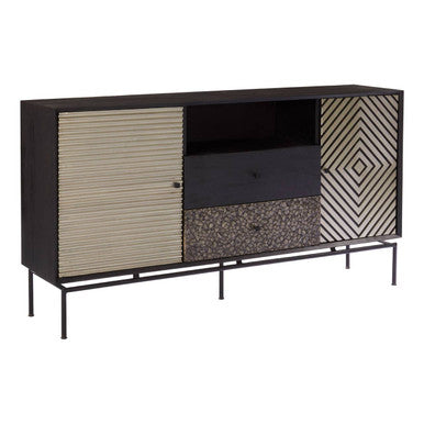 Modern black and beige boho patterned door sideboard made of mango wood with geometric paneling and drawers