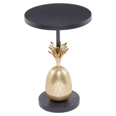 Boho pineapple table with black circular top and gold pineapple-shaped base featuring diamond pattern texture