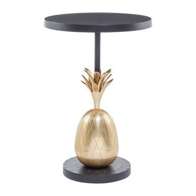 Golden boho pineapple table with black circular top and base perfect as a stylish side table or accent piece