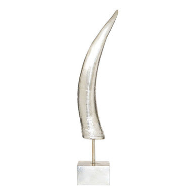 Silver horn ornament textured small boho horn sculpture mounted on a sleek metallic stand for decor