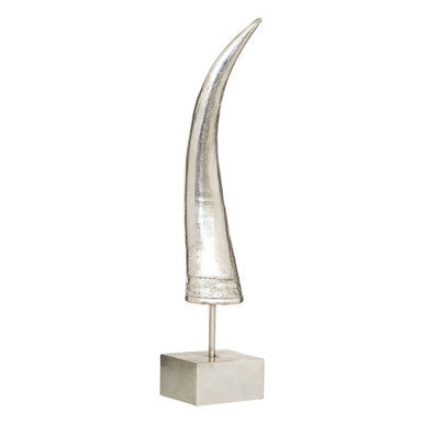 Silver horn ornament with textured horn shape mounted on a sleek metallic stand boho small horn ornament