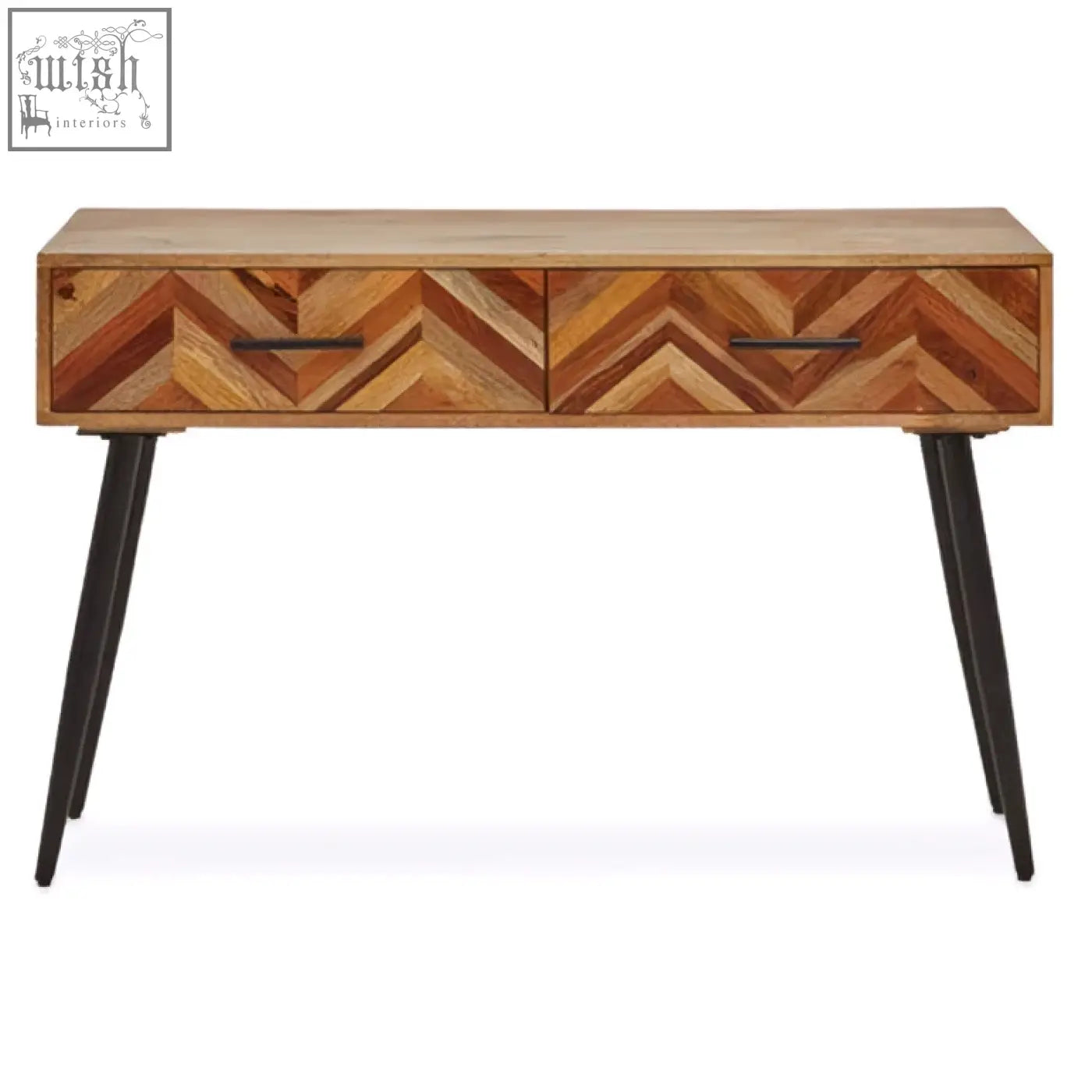 A sleek boho two drawer mango wood console table with chevron pattern top and black metal legs wood console table