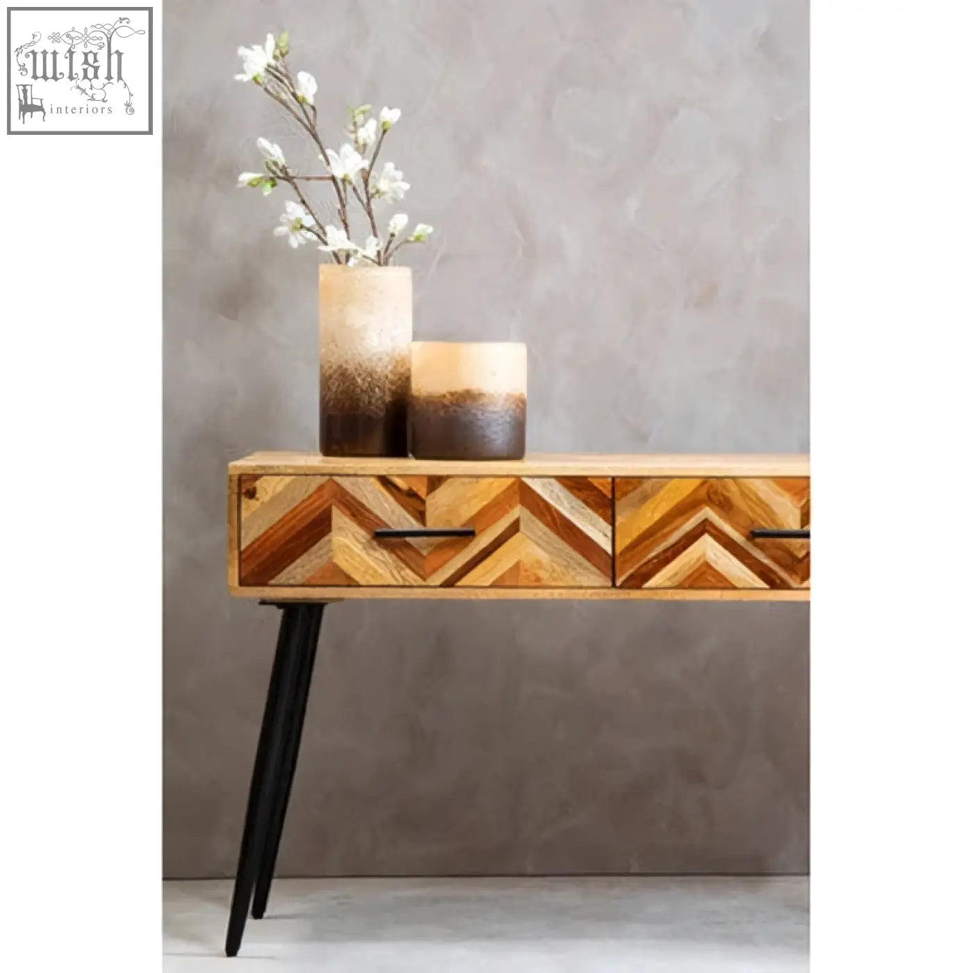 Wood console table with black metal legs and chevron patterned mango wood top boho two drawer console table