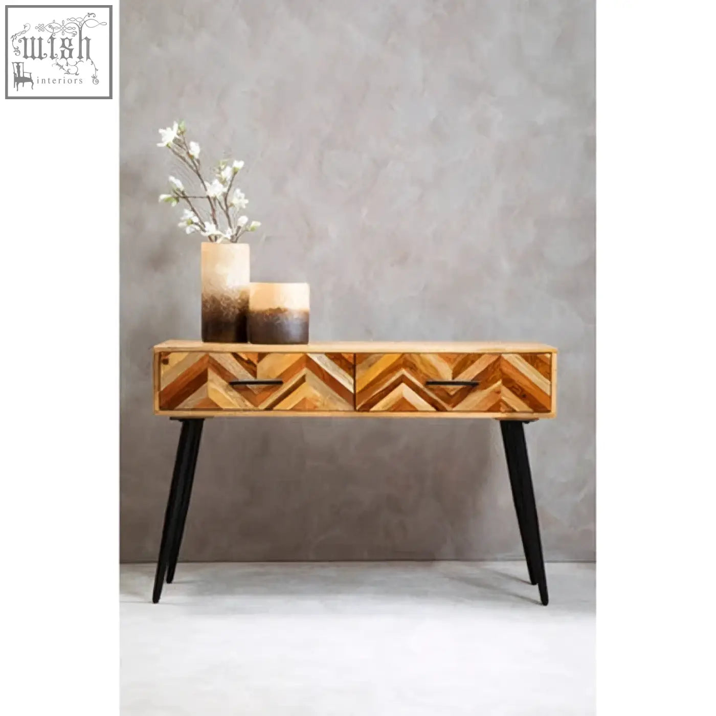 Boho two drawer mango wood console table with chevron patterned top and black tapered legs wood console table