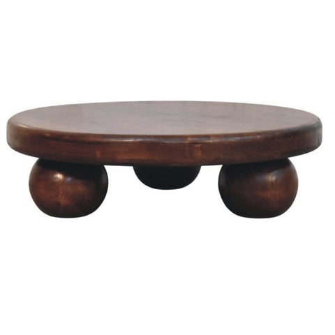 Dark brown wooden bola coffee table tray with three round spherical feet for stylish living room use