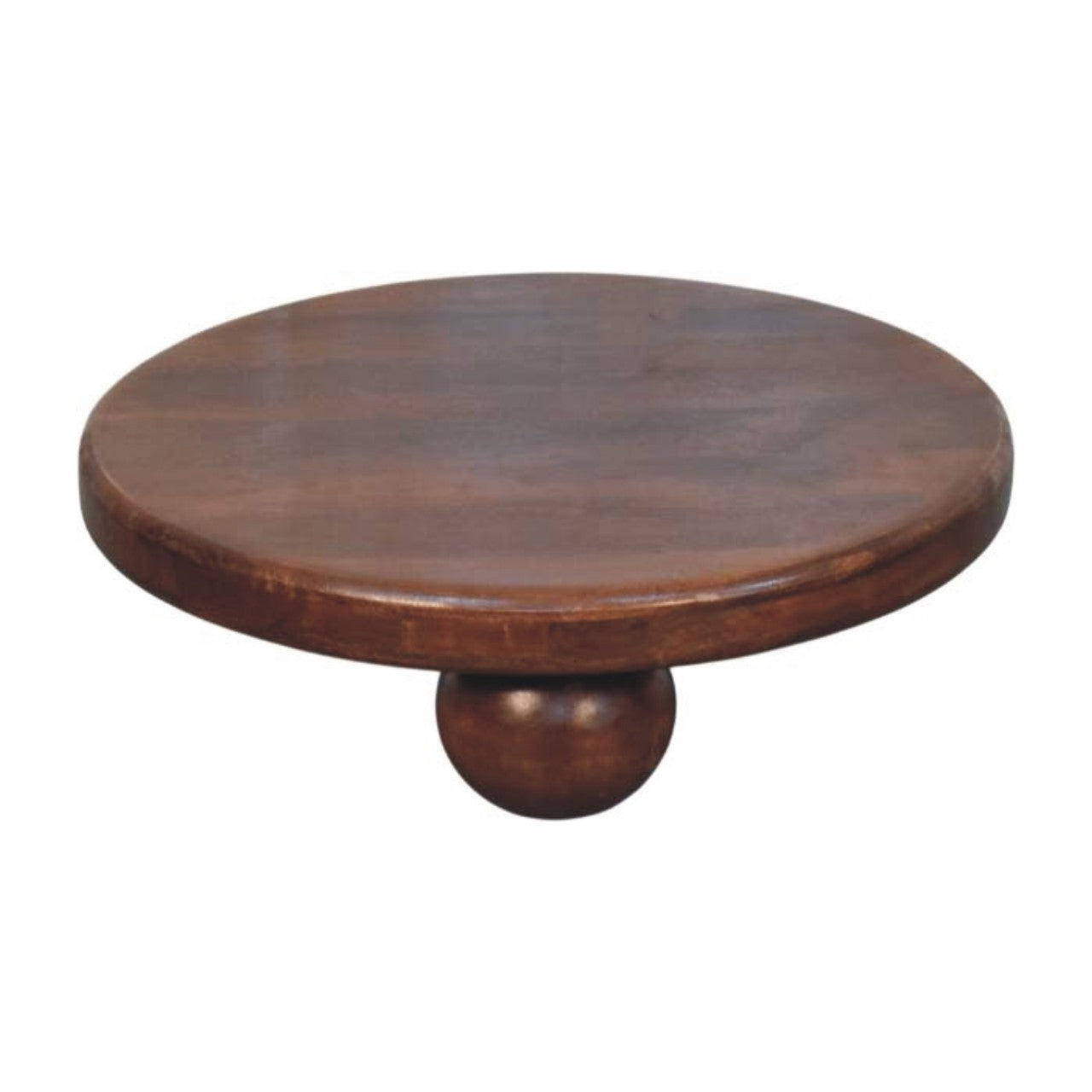 Round wooden bola coffee table with rich brown finish and a single spherical pedestal base