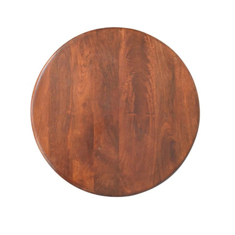 Round wooden bola coffee table with warm brown finish and visible natural wood grain patterns on tabletop