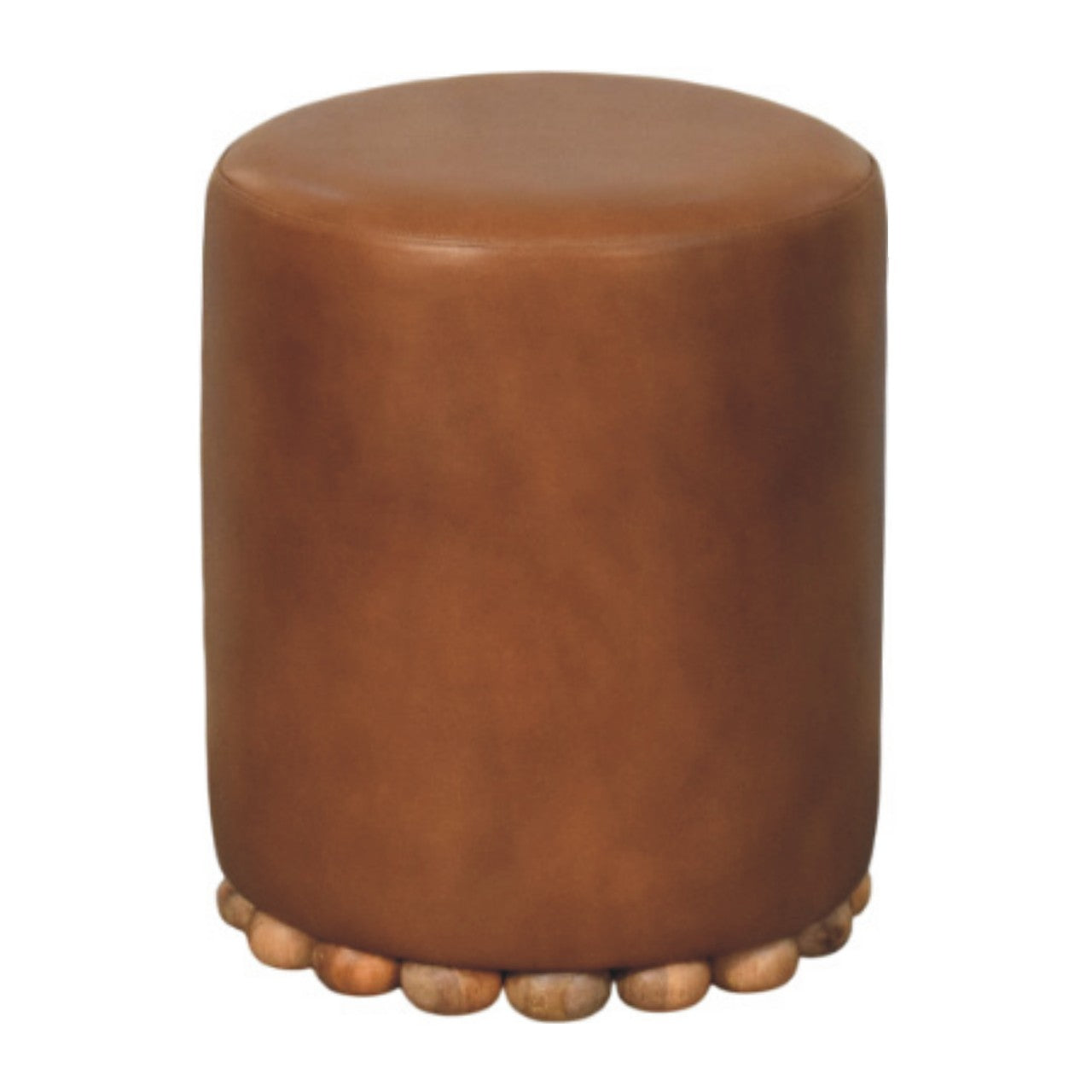 Brown leather bola leather stool with cylindrical shape and scalloped wooden bead base for stylish seating