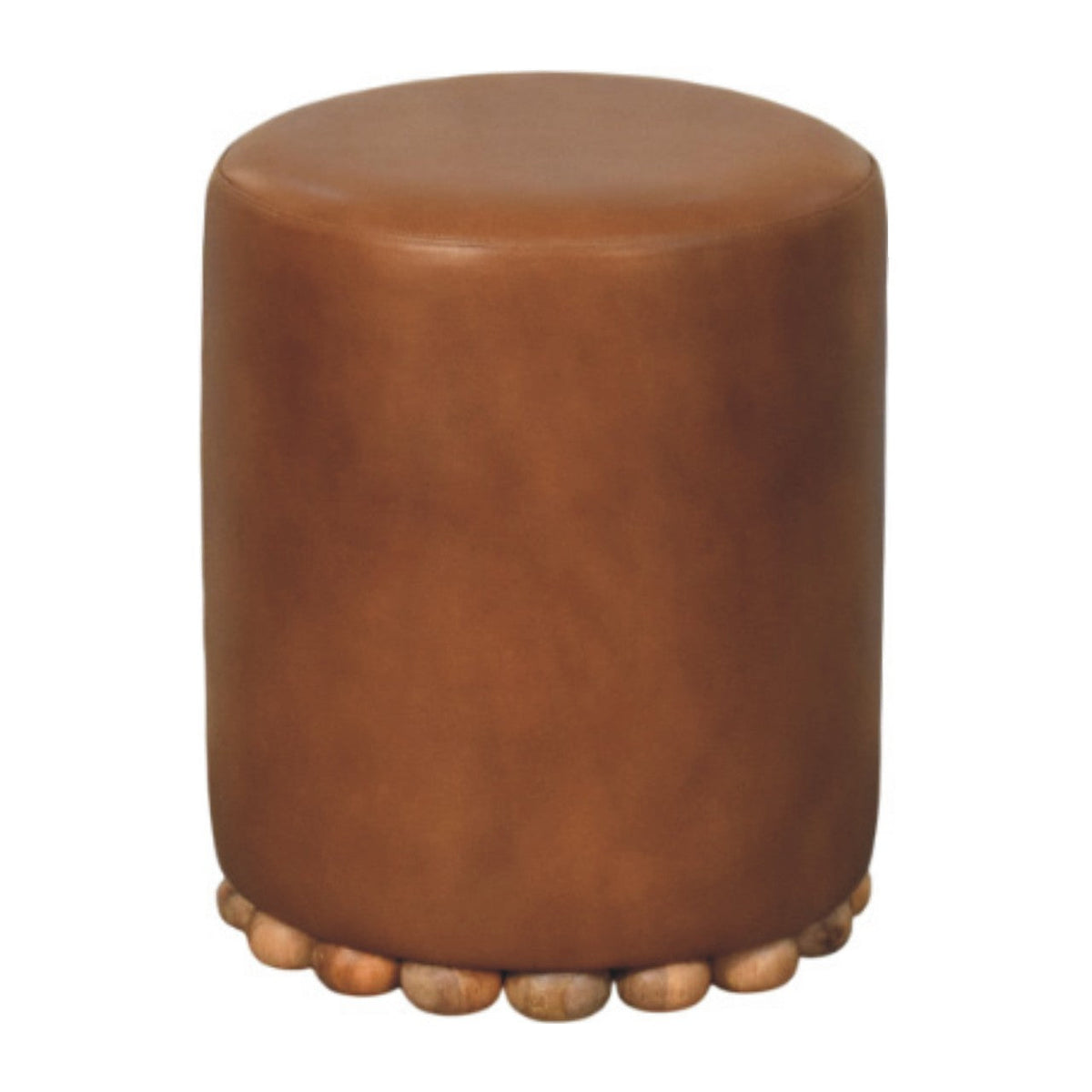 Brown leather bola leather stool with cylindrical shape and scalloped wooden bead base for stylish seating