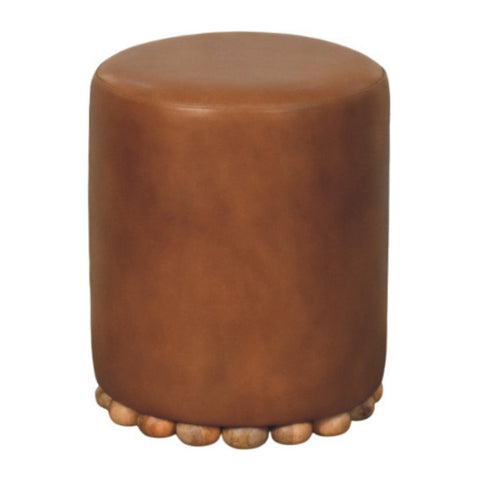 Brown leather bola leather stool with cylindrical shape and scalloped wooden bead base for stylish seating