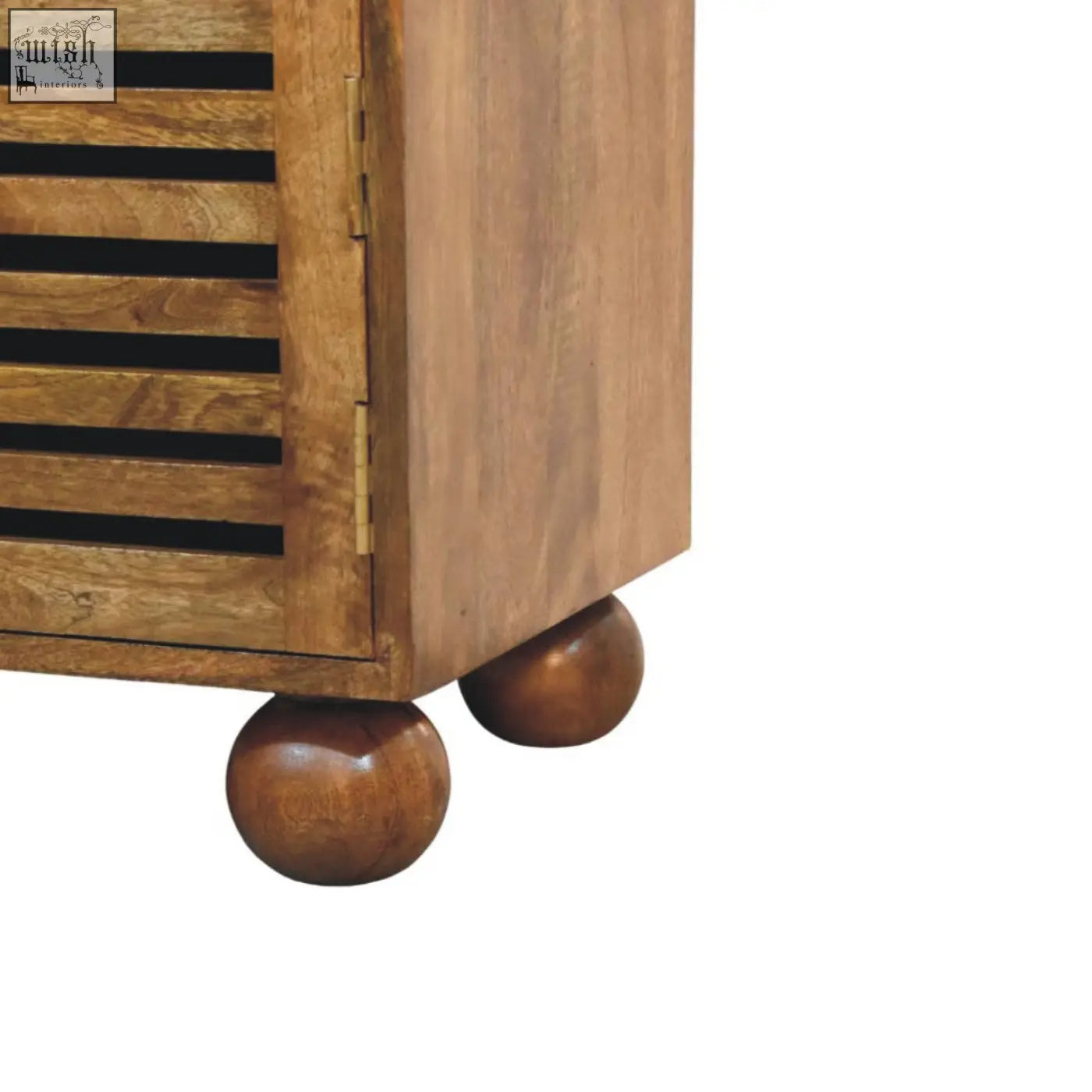 Bola shoe storage bench with a rustic wooden cabinet, slatted door, warm wood tones, and rounded ball feet