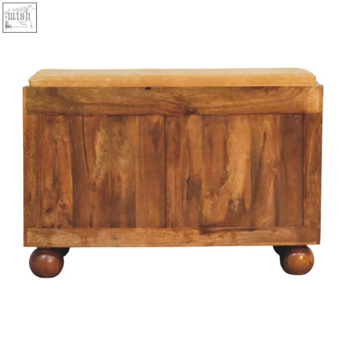 Rustic bola shoe storage bench with light brown cushioned top and rounded ball feet made of wood