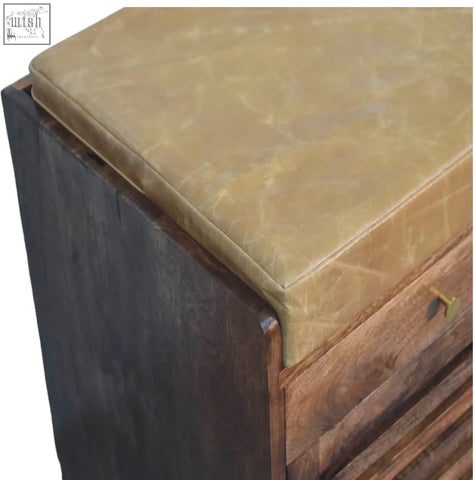 Tan leather cushion on bola shoe storage bench with dark wood base and brass drawer pulls