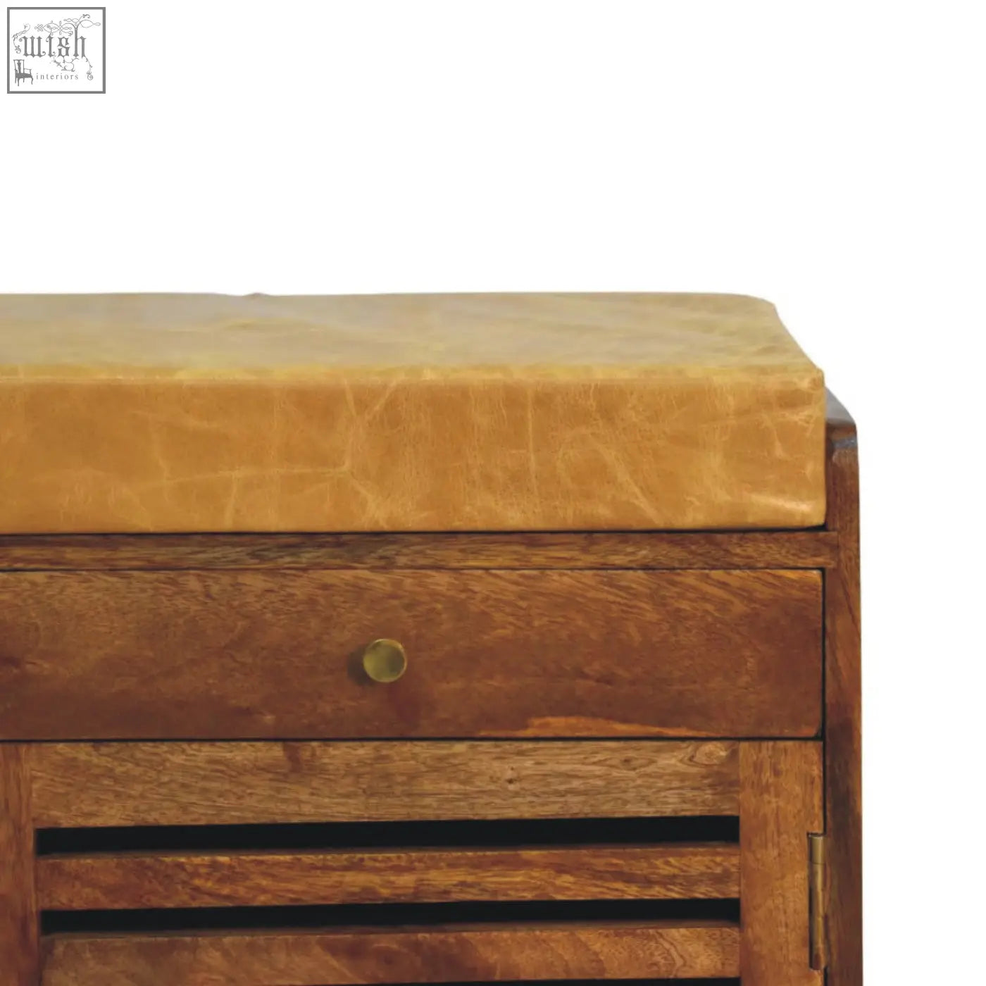 Bola shoe storage bench with warm amber leather cushion atop rustic wooden cabinet with slatted doors and brass knob