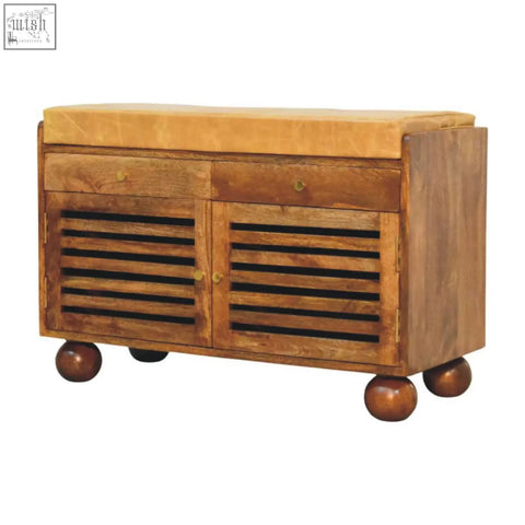 Wooden bola shoe storage bench with tan cushioned top two drawers slatted doors and rounded ball feet