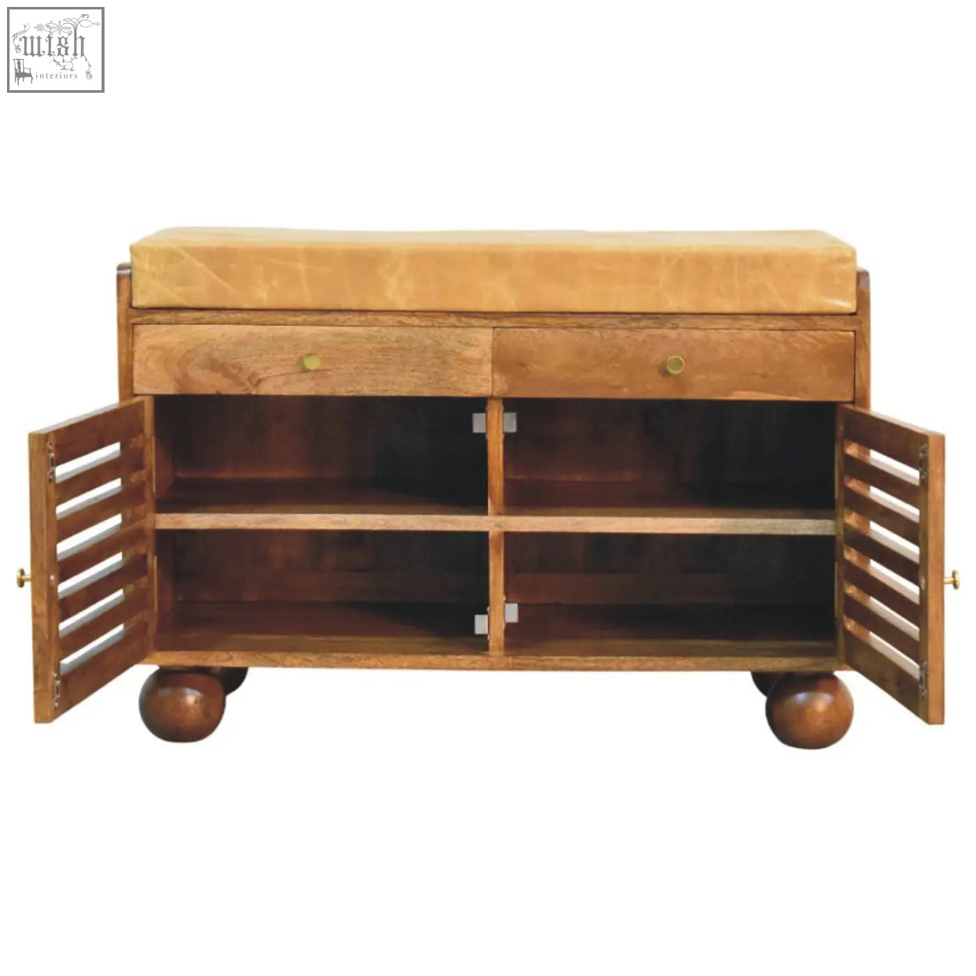 Wooden bola shoe storage bench with tan cushioned top two drawers and slatted side doors on ball feet