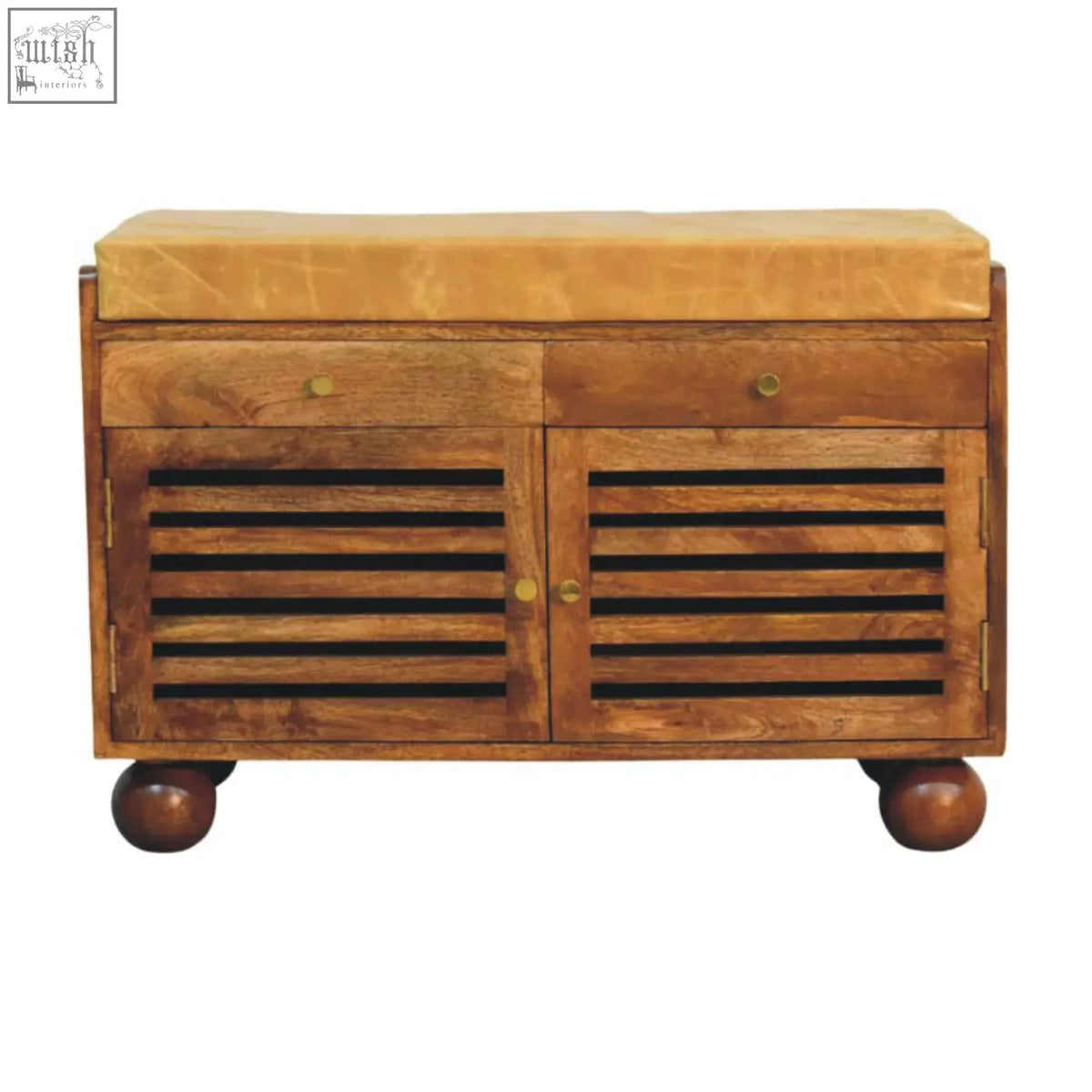 Wooden bola shoe storage bench with tan cushioned top two drawers slatted doors and rounded ball feet