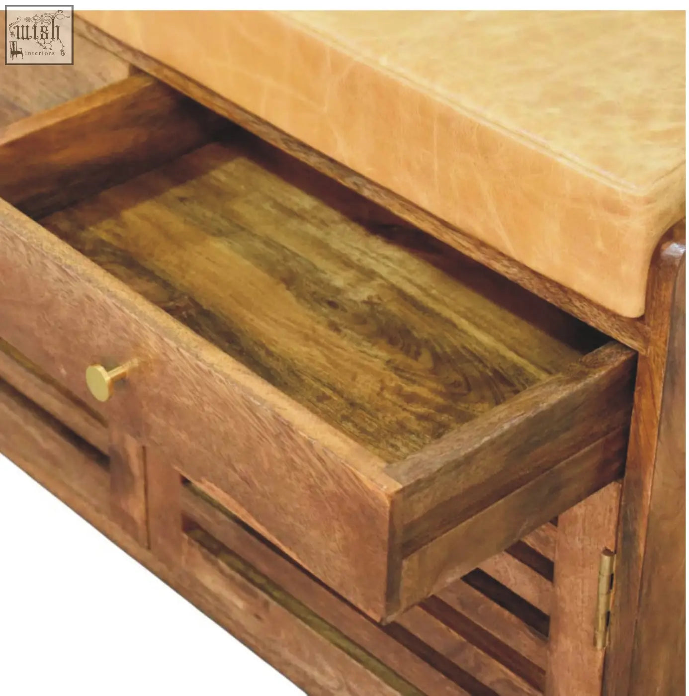 Wooden bola shoe storage bench with tan leather top and drawers with brass handles for shoe organization