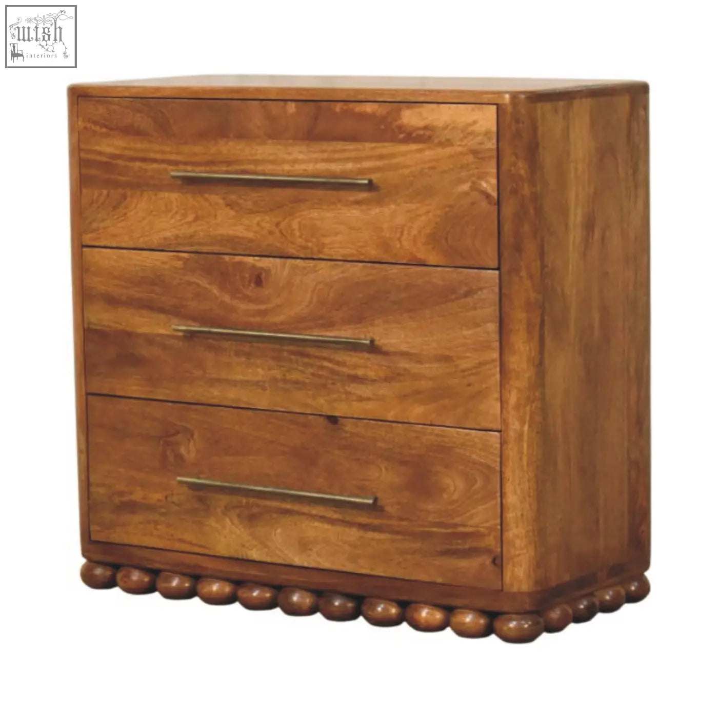 Bola three drawer chest made of rustic wood with metal handles and rounded bead detailing along the base