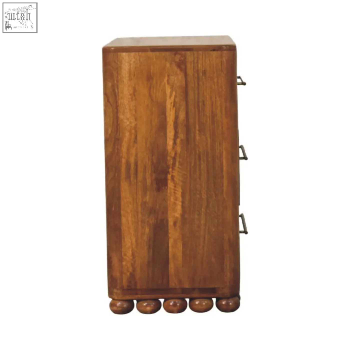 Bola three drawer chest in warm medium brown wood with smooth finish and rounded ball feet for storage