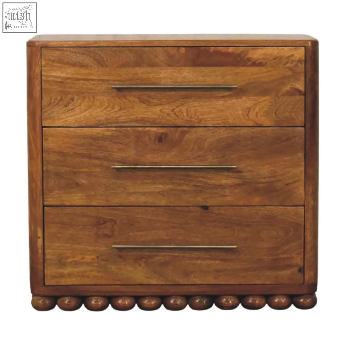 Bola three drawer chest warm-toned wooden chest with sleek metallic handles and decorative rounded feet