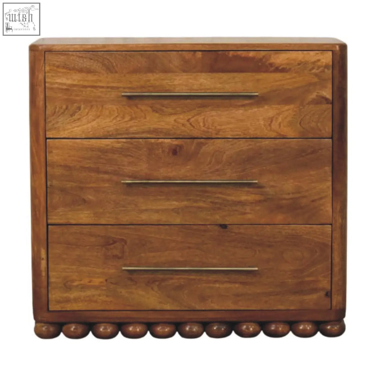 Bola three drawer chest warm-toned wooden chest with sleek metallic handles and decorative rounded feet