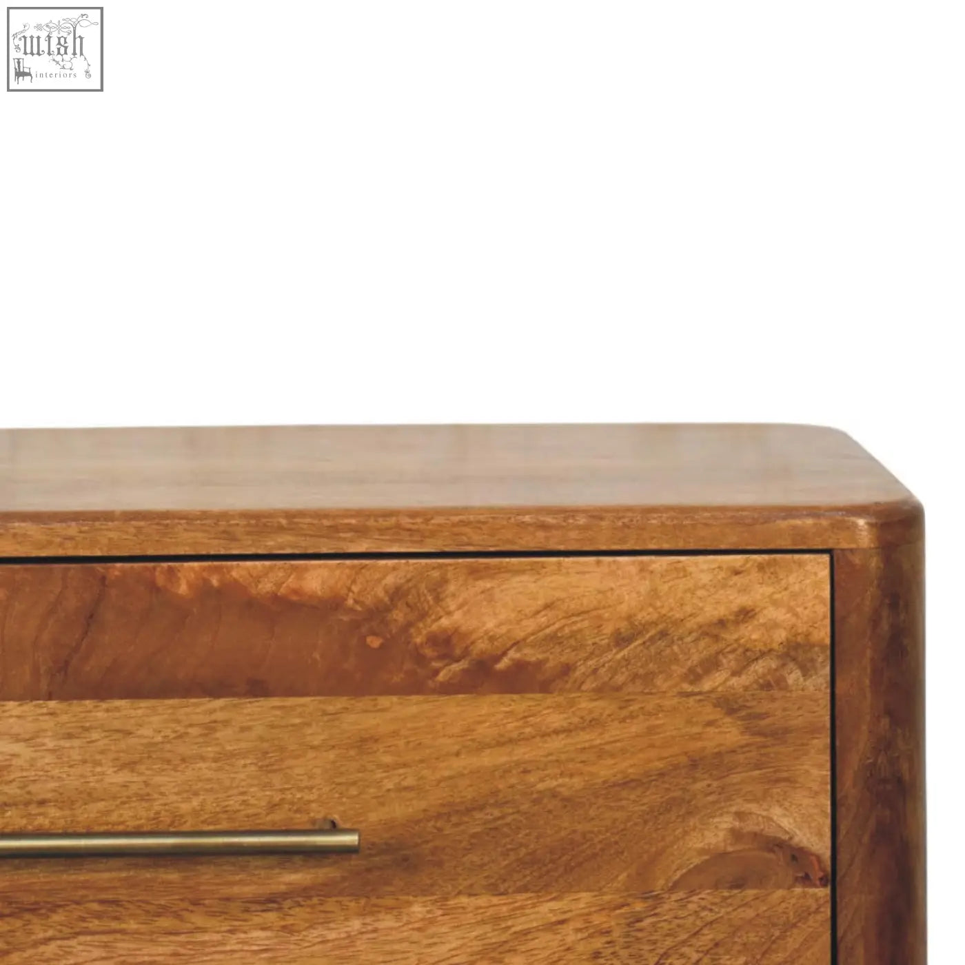 A warm-toned wooden bola three drawer chest with sleek brushed brass handles for stylish storage