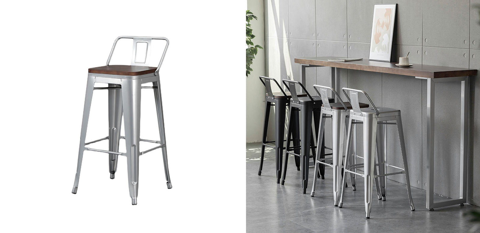 Silver bolero high bar stool with dark wood seat and backrest steel frame bar stool steel in multiple colors