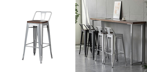 Silver bolero high bar stool with dark wood seat and backrest steel frame bar stool steel in multiple colors
