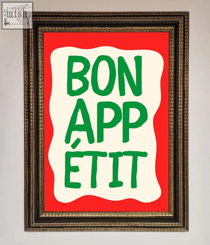 A bonappetit framed poster with bold green text on a white wavy background and a vibrant red frame backdrop