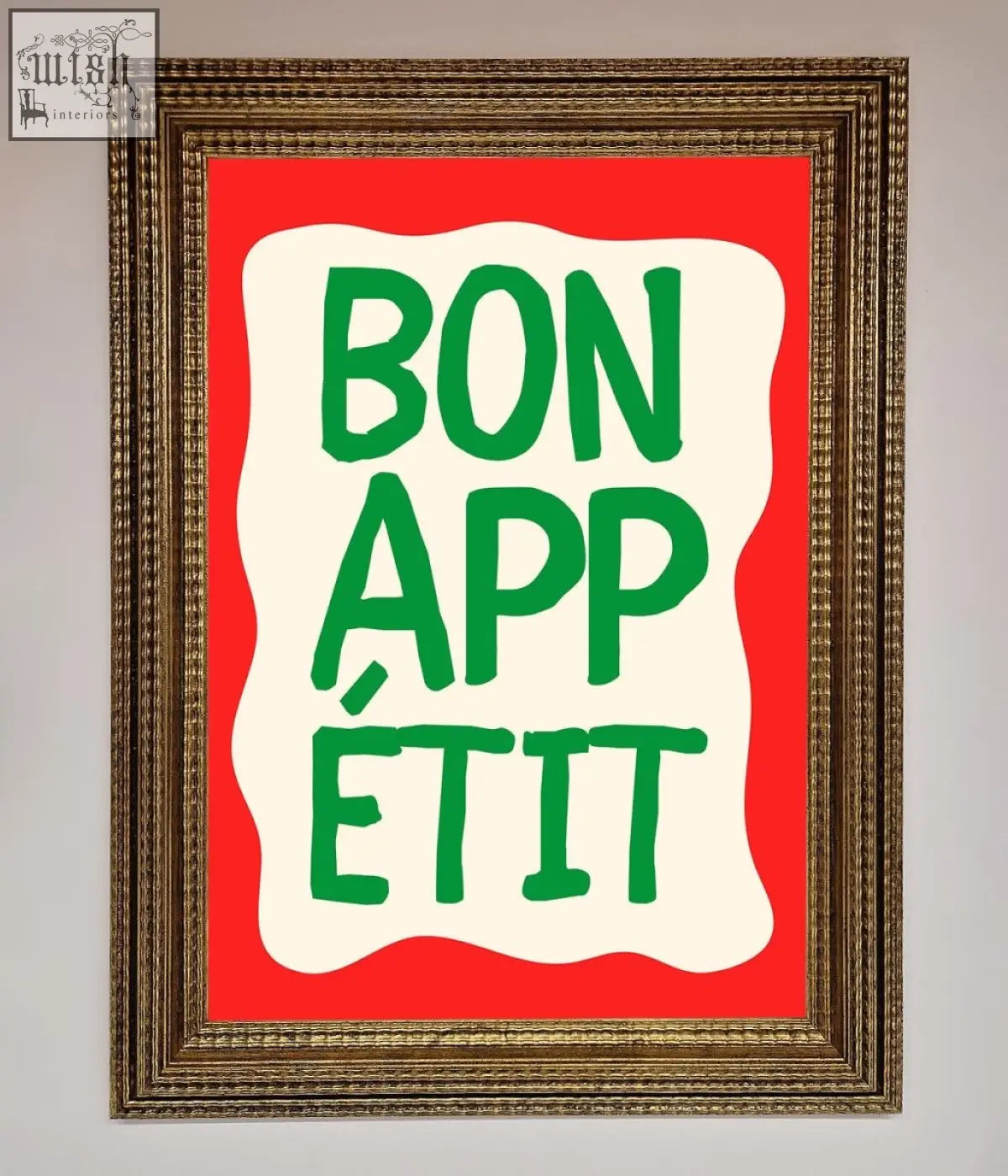 A bonappetit framed poster with bold green lettering on a cream wavy background set against a red field